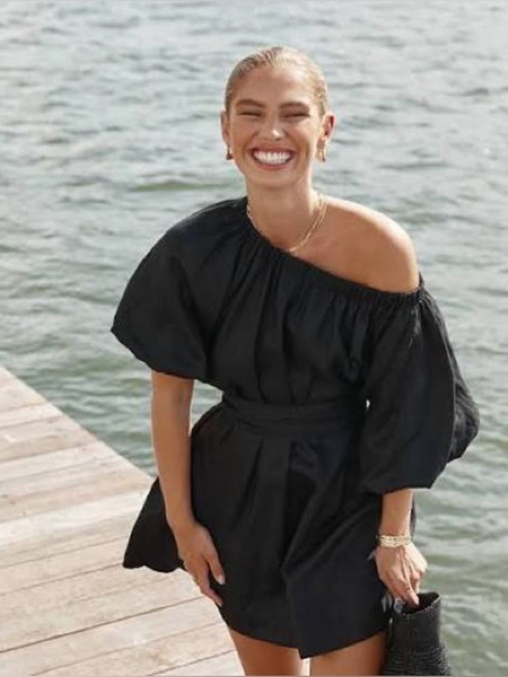 DISSH Pip Linen Black Off-Shoulder Belted Dress